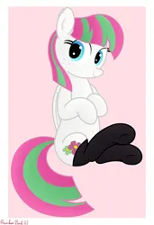 Size: 2712x3970 | Tagged: safe, artist:rainbowšpekgs, derpibooru import, blossomforth, pegasus, pony, adoraforth, belly, belly button, black socks, clothes, cute, female, freckles, image, looking at you, mare, png, simple background, sitting, smiling, smiling at you, socks, solo, underhoof, wings