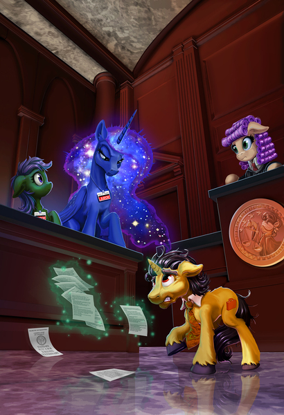 Size: 1367x2000 | Tagged: safe, artist:harwick, derpibooru import, princess luna, oc, alicorn, earth pony, unicorn, angry, briefcase, commission, courtroom, curly mane, earth pony oc, fanfic art, horn, image, jpeg, judge, jury duty, justice, lawyer, necktie, scales, unicorn oc