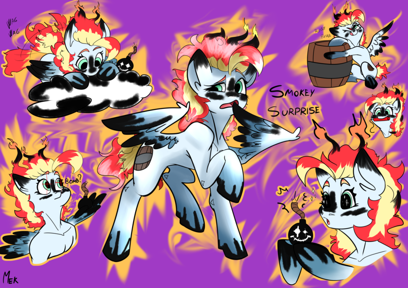 Size: 4961x3508 | Tagged: safe, artist:mekblue, derpibooru import, powder, oc, oc:smokey surprise, pegasus, barrel, bomb, cloud, cute, dirty, dynamite, explosives, fire, gun powder, image, multiple poses, pegasus oc, png, reference sheet, solo, spread wings, tail, tail wag, weapon, wings