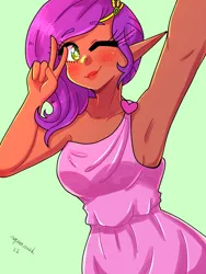 Size: 1800x2400 | Tagged: safe, artist:ashes-arts, artist:mylittleyuri, derpibooru import, pipp petals, human, adorapipp, armpits, blushing, clothes, cute, dark skin, dress, elf ears, female, g5, green background, humanized, image, lipstick, makeup, one eye closed, peace sign, png, simple background, solo, wink