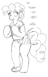 Size: 1250x2000 | Tagged: safe, artist:runningtoaster, derpibooru import, pinkie pie, anthro, earth pony, human, unguligrade anthro, clothes, human to pony, image, lineart, male to female, mental shift, mid-transformation, monochrome, pants, png, rule 63, shoes, simple background, solo, species swap, talking, transformation, transgender transformation, white background
