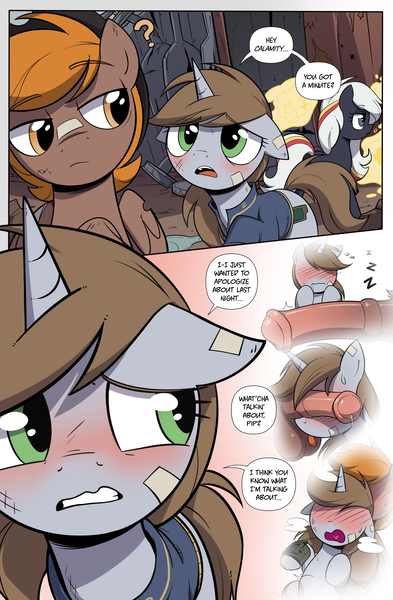 Size: 2620x4000 | Tagged: explicit, artist:shinodage, oc, oc:calamity, oc:littlepip, oc:velvet remedy, unofficial characters only, pegasus, pony, unicorn, comic:fallout equestria: chain reaction, fallout equestria, abdominal bulge, ball licking, balls, blushing, comic, dialogue, female, horsecock, image, licking, magic glow, male, mare, nudity, oral, penis, piplamity, png, precum, sex, stallion