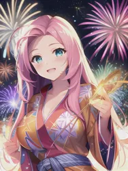 Size: 512x682 | Tagged: safe, derpibooru import, editor:sammykun, machine learning generated, novelai, stable diffusion, fluttershy, human, anime style, beautiful, clothes, fireworks, flower, happy new year, holiday, humanized, image, japanese, jpeg, kimono (clothing), looking at you, moon runes, night, yukata