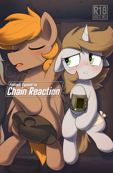 Size: 2620x4000 | Tagged: questionable, artist:shinodage, ponybooru import, oc, oc:calamity, oc:littlepip, oc:velvet remedy, unofficial characters only, pegasus, pony, unicorn, comic:fallout equestria: chain reaction, fallout equestria, blushing, comic, comic cover, cover, covering up, cowboy hat, female, hat, image, male, mare, nudity, pipbuck, piplamity, png, stallion