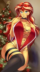 Size: 508x900 | Tagged: suggestive, artist:thebrokencog, derpibooru import, sunset shimmer, human, equestria girls, absolute cleavage, big breasts, breasts, busty sunset shimmer, choker, christmas, christmas tree, cleavage, female, holiday, huge breasts, image, png, solo, solo female, tree
