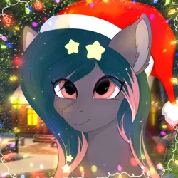 Size: 4050x4050 | Tagged: safe, artist:bellfa, derpibooru import, oc, oc:star universe, bust, christmas, christmas lights, cute, ethereal mane, fireplace, hat, holiday, image, night, outdoors, png, portrait, santa hat, smiling, snow, snowfall, starry mane, stars