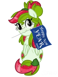 Size: 3072x4096 | Tagged: safe, artist:sjart117, derpibooru import, oc, oc:watermelana, unofficial characters only, pegasus, pony, both cutie marks, female, flag, freckles, happy new year, holiday, image, looking back, mare, mouth hold, pegasus oc, png, pony oc, simple background, sitting, solo, text, transparent background, wings