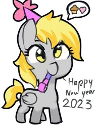 Size: 1200x1600 | Tagged: safe, artist:creamyogurt, derpibooru import, derpy hooves, pegasus, pony, celebration, cute, derpabetes, female, filly, foal, food, happy new year, happy new year 2023, hat, heart, holiday, image, mouth hold, muffin, noisemaker, party hat, png, simple background, solo, speech bubble, that pony sure does love muffins, white background