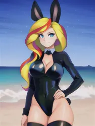 Size: 512x682 | Tagged: suggestive, derpibooru import, editor:sammykun, machine learning generated, novelai, stable diffusion, sunset shimmer, human, animal costume, beach, breasts, bunny costume, bunny ears, bunny suit, bust, busty sunset shimmer, clothes, costume, happy new year, holiday, humanized, image, jpeg, latex, latex leotard, latex stockings, leotard, looking at you, playboy bunny, reasonably sized breasts, sexy, stockings, thigh highs, thighs, year of the rabbit