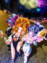 Size: 2270x3000 | Tagged: suggestive, alternate version, artist:mauroz, derpibooru import, adagio dazzle, aria blaze, sonata dusk, human, anime, breasts, fireworks, food, happy new year, happy new year 2023, holiday, image, one eye closed, png, the dazzlings, tongue out
