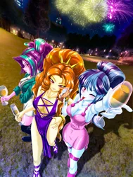 Size: 2270x3000 | Tagged: safe, alternate version, artist:mauroz, derpibooru import, adagio dazzle, aria blaze, sonata dusk, equestria girls, anime, breasts, fireworks, food, happy new year, happy new year 2023, holiday, image, png, the dazzlings, tongue out