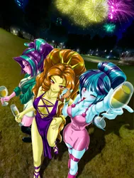 Size: 2270x3000 | Tagged: safe, alternate version, artist:mauroz, derpibooru import, adagio dazzle, aria blaze, sonata dusk, equestria girls, anime, breasts, fireworks, food, happy new year, happy new year 2023, holiday, image, png, the dazzlings, tongue out