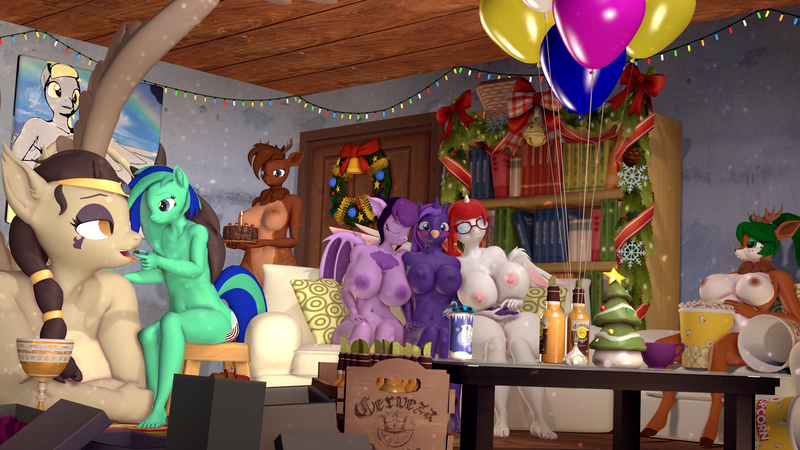 Size: 3840x2160 | Tagged: questionable, artist:silkworm205, derpibooru import, derpy hooves, oc, oc:bathia, oc:cocoa dust, oc:cori, oc:empathy, oc:garry berry, oc:kylie astra, oc:tea tree, unofficial characters only, alicorn, anthro, bat pony, deer, deer pony, original species, sphinx, unicorn, series:silkworm205's weekly artwork 2022, 3d, alcohol, alicorn oc, anthro oc, antlers, balloon, bat pony oc, bat wings, beer, beer bottle, belly button, big breasts, blushing, blushing profusely, bottle, breast size difference, breasts, breasts touching, bucktooth, cake, candle, chalice, chocolate, chocolate bar, christmas, christmas decoration, christmas lights, christmas tree, colored eyebrows, couch, cup, deer oc, drink, eating, energy drink, eyes closed, fangs, feeding, female, food, food baby, glasses, hand on hip, holding hands, holiday, horn, huge breasts, image, large belly, larger female, looking into each others eyes, lying down, male, non-pony oc, nudity, png, popcorn, poster, prehensile tail, prone, sitting, size difference, sleeping, snuggling, source filmmaker, sphinx oc, spread wings, tail, tail hold, teacup, tongue out, tree, unicorn oc, wide hips, wing hold, wings, wreath