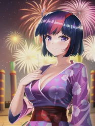 Size: 512x682 | Tagged: safe, derpibooru import, editor:sammykun, machine learning generated, novelai, stable diffusion, twilight sparkle, human, g4, anime style, beautiful, breasts, bust, busty twilight sparkle, cleavage, clothes, female, fireworks, flower, happy new year, holiday, humanized, image, japanese, jpeg, kimono (clothing), looking at you, moon runes, night, prompter:sammykun, solo, solo female, yukata