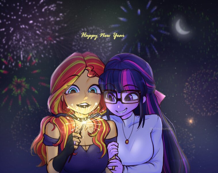 Size: 2422x1920 | Tagged: safe, artist:xfrncstomiku, derpibooru import, sci-twi, sunset shimmer, twilight sparkle, human, equestria girls, bow, breasts, choker, cleavage, clothes, crescent moon, dress, female, fingerless gloves, fireworks, glasses, gloves, hair bow, happy new year, happy new year 2022, holiday, image, jewelry, jpeg, lesbian, moon, necklace, ring, scitwishimmer, shipping, sparkler (firework), sunsetsparkle