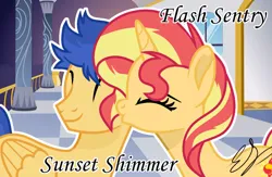 Size: 1108x721 | Tagged: safe, artist:elisabetstarsparkle, derpibooru import, flash sentry, sunset shimmer, female, flashimmer, happy new year, holiday, image, jpeg, kiss on the cheek, kissing, male, shipping, straight