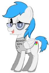 Size: 452x668 | Tagged: safe, artist:scootaloormayfly, derpibooru import, oc, oc:blue beryl, unofficial characters only, pegasus, pony, derpibooru community collaboration, 2023 community collab, blue mane, clothes, glasses, image, male, png, shirt, simple background, solo, transparent background