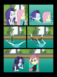 Size: 1280x1729 | Tagged: safe, derpibooru import, fluttershy, rarity, human, equestria girls, clothes, comic, duo, duo female, eyes closed, female, handstand, image, jpeg, nose pinch, one eye closed, swimming pool, swimsuit, textless, underwater, upside down, water, wet hair, wetsuit