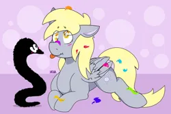 Size: 1500x1000 | Tagged: safe, artist:dsstoner, derpibooru import, derpy hooves, pegasus, pony, worm, blushing, googly eyes, image, lying, png, scrunchy face, tongue out, toy, worm on a string