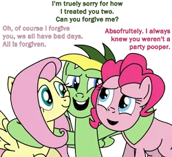 Size: 1979x1808 | Tagged: safe, artist:didgereethebrony, derpibooru import, fluttershy, pinkie pie, oc, oc:didgeree, earth pony, pegasus, pony, 1000 hours in ms paint, base used, cuddling, dialogue, image, png, simple background, trace, transparent background