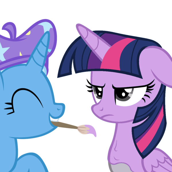 Size: 1024x1024 | Tagged: safe, artist:dtkraus, artist:wardex101, color edit, derpibooru import, edit, trixie, twilight sparkle, twilight sparkle (alicorn), alicorn, pony, ^^, beret, bodypaint, colored, cute, diatrixes, discorded, discorded twilight, eyes closed, female, grin, hat, image, mare, paint, paint on feathers, paint on fur, paintbrush, painting characters, png, recolor, simple background, smiling, transparent background, twilight tragedy, unamused, vector