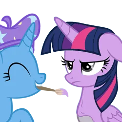 Size: 1024x1024 | Tagged: safe, artist:dtkraus, artist:wardex101, color edit, derpibooru import, edit, trixie, twilight sparkle, twilight sparkle (alicorn), alicorn, pony, ^^, beret, bodypaint, colored, cute, diatrixes, discorded, discorded twilight, eyes closed, female, grin, hat, image, mare, paint, paint on feathers, paint on fur, paintbrush, painting characters, png, recolor, simple background, smiling, transparent background, twilight tragedy, unamused, vector