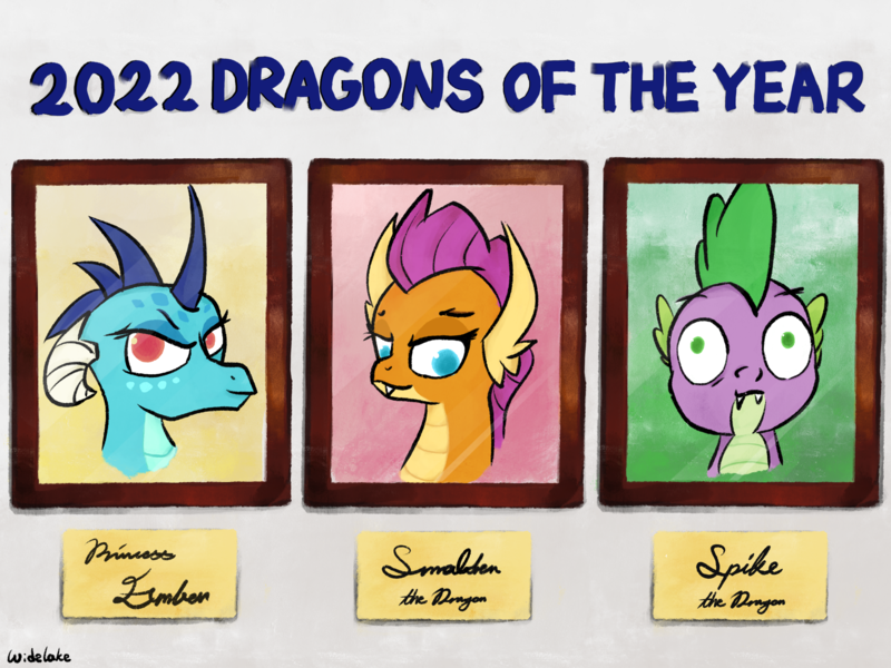 Size: 4000x3000 | Tagged: safe, artist:widelake, derpibooru import, princess ember, smolder, spike, dragon, 2022, bust, frame, happy new year, holiday, image, name tag, picture frame, plaque, png, signature, simple background, trio