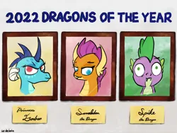 Size: 4000x3000 | Tagged: safe, artist:widelake, derpibooru import, princess ember, smolder, spike, dragon, 2022, bust, frame, happy new year, holiday, image, name tag, picture frame, plaque, png, signature, simple background, trio