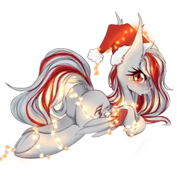 Size: 2000x2000 | Tagged: suggestive, alternate version, artist:shinech, derpibooru import, oc, oc:skyshard melody, unofficial characters only, pegasus, pony, blushing, butt, christmas, christmas lights, commission, cute, cutie mark, dock, female, flank, folded wings, happy new year, hat, holiday, hooves, image, lights, looking at you, lying, lying down, mare, music notes, open mouth, pegasus oc, plot, png, red eyes, santa hat, solo, tail, thighs, white fur, wings