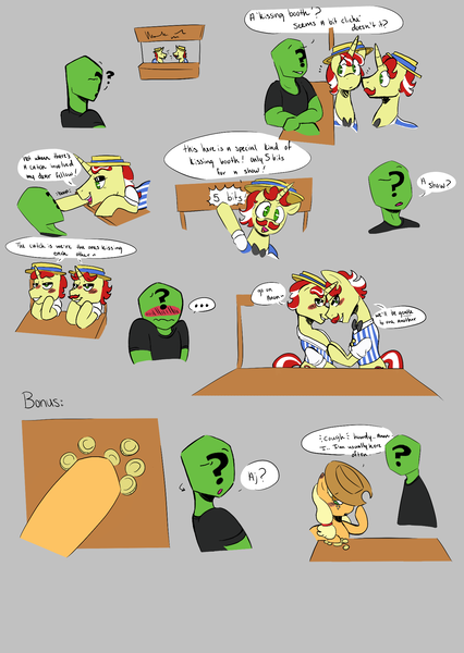 Size: 1420x2000 | Tagged: suggestive, artist:dsstoner, derpibooru import, applejack, flam, flim, oc, oc:anon, earth pony, human, pony, unicorn, bits, blushing, boop, brothers, clothes, comic, covering, duo, duo male, flim flam brothers, gay, image, incest, kissing booth, male, png, shirt, siblings, talking, twincest, twins, undressing
