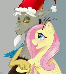 Size: 2400x2700 | Tagged: safe, artist:ske, derpibooru import, discord, fluttershy, draconequus, pegasus, pony, antlers, blushing, christmas, discoshy, female, happy new year, hat, heart, heart eyes, holding hands, holding hoof, holding hooves, holiday, image, jpeg, looking at each other, looking at someone, male, open mouth, open smile, santa hat, shipping, simple background, smiling, smiling at each other, straight, wingding eyes