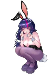 Size: 3307x4677 | Tagged: safe, artist:zpdea, derpibooru import, twilight sparkle, human, anime style, blushing, breasts, bunny ears, bunny suit, bunny tail, busty twilight sparkle, cleavage, clothes, cuffs (clothes), double peace sign, high heels, high res, humanized, image, leotard, looking at you, open mouth, pantyhose, peace sign, png, shoes, simple background, squatting, tail, white background