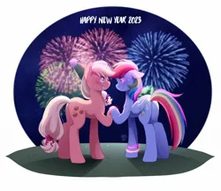 Size: 2048x1766 | Tagged: safe, artist:applesartt, derpibooru import, applejack, rainbow dash, butt, fireworks, happy new year, happy new year 2023, holding hooves, holiday, image, jpeg, plot