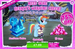Size: 1964x1295 | Tagged: safe, derpibooru import, official, rainbow dash, snowdash, manticore, pegasus, pony, advertisement, bowtie, clothes, costs real money, english, female, folded wings, gameloft, gem, image, jpeg, mare, mobile game, my little pony: magic princess, numbers, sale, solo, solo focus, statue, text, wings