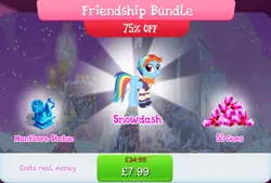 Size: 1268x856 | Tagged: safe, derpibooru import, official, rainbow dash, snowdash, manticore, pegasus, pony, bowtie, bundle, clothes, costs real money, english, female, folded wings, gameloft, gem, image, jpeg, mare, mobile game, my little pony: magic princess, numbers, sale, solo, solo focus, statue, text, wings