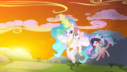 Size: 1920x1089 | Tagged: safe, artist:stellamoonshine, derpibooru import, princess celestia, oc, oc:euthanasia, oc:sunny sky, alicorn, hybrid, pony, crown, flying, glow, glowing horn, horn, image, interspecies offspring, jewelry, jpeg, magic, magic aura, offspring, parent:discord, parent:princess celestia, parents:dislestia, regalia, sun work, sunrise