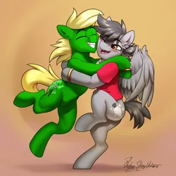 Size: 3000x3000 | Tagged: safe, artist:jedayskayvoker, derpibooru import, oc, oc:fault breccia, oc:vectored thrust, unofficial characters only, earth pony, pegasus, pony, blushing, clothes, couple, cute, earth pony oc, gay, gift art, gradient background, happy, hug, image, jewelry, jumping, looking at each other, looking at someone, male, males only, oc x oc, pegasus oc, png, raised hoof, ring, shipping, shirt, short tail, smiling, smiling at each other, spread wings, stallion, tail, wedding ring, wings