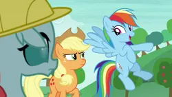 Size: 1280x720 | Tagged: safe, derpibooru import, screencap, applejack, ocellus, rainbow dash, changedling, changeling, earth pony, pegasus, pony, non-compete clause, season 8, spoiler:s08, applejack is not amused, clothes, cute, dashabetes, female, floppy ears, friendship student, hard hat, hat, image, mare, png, pointing, trio, trio female, unamused