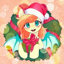 Size: 1369x1368 | Tagged: safe, artist:ls_skylight, derpibooru import, oc, oc:sunshine drift, unofficial characters only, bat pony, pony, bat pony oc, bat wings, christmas, commission, hat, holiday, image, jpeg, santa hat, solo, wings, wreath, ych result