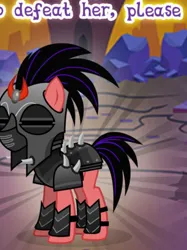 Size: 514x689 | Tagged: safe, derpibooru import, unnamed character, unnamed pony, crystal pony, pony, alternate timeline, armor, cropped, crystal war timeline, female, gameloft, helmet, image, meme, mind control, my little pony: magic princess, png, soldier, solo, sombra soldier, sombraverse, spikes, text, wow! glimmer