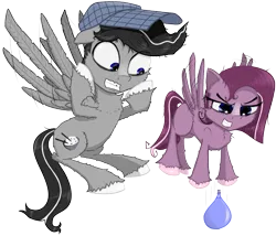 Size: 2341x2000 | Tagged: safe, artist:chopsticks, derpibooru import, oc, oc:chopsticks, oc:cookie cutter, unofficial characters only, pegasus, pony, derpibooru community collaboration, 2023 community collab, cheek fluff, chest fluff, chipped tooth, derpibooru exclusive, ear fluff, evil grin, father and child, father and daughter, female, filly, flying, foal, frazzled hair, grin, hat, image, male, pegasus oc, png, simple background, smiling, stallion, transparent background, unshorn fetlocks, water balloon, wings