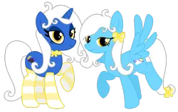 Size: 1994x1257 | Tagged: safe, derpibooru import, oc, oc:daydream, oc:nightlife, unofficial characters only, pegasus, pony, unicorn, bow, choker, clothes, curly hair, cute, duo, duo female, eyelashes, eyeshadow, female, full body, hair bow, horn, image, lidded eyes, looking at you, makeup, mare, png, raised hoof, show accurate, siblings, simple background, sisters, smiling, smiling at you, socks, spread wings, standing, tail, tail bow, transparent background, white hair, wings, yellow eyes