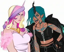 Size: 2821x2303 | Tagged: safe, artist:peachmichea, derpibooru import, princess cadance, queen chrysalis, human, blushing, breasts, cadalis, cleavage, clothes, denim, dress, eyeshadow, fangs, female, fishnets, flirting, horn, horned humanization, humanized, image, infidelity, jacket, jeans, jpeg, leather, leather jacket, lesbian, lipstick, looking away, makeup, midriff, pants, shipping, shirt, simple background, torn clothes, white background