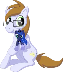 Size: 1156x1300 | Tagged: safe, artist:darkdabula, derpibooru import, princess luna, oc, oc:clicking keys, unofficial characters only, earth pony, derpibooru community collaboration, 2023 community collab, glasses, image, looking at you, plushie, png, simple background, sitting, solo, transparent background
