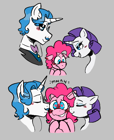 Size: 394x485 | Tagged: safe, artist:dsstoner, derpibooru import, fancypants, pinkie pie, rarity, aggie.io, blushing, blushing profusely, clothes, comic, female, floppy ears, flustered, heart, heart eyes, image, kiss on the cheek, kissing, lesbian, lowres, onomatopoeia, png, raripie, shipping, shipping fuel, simple background, wingding eyes