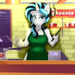 Size: 1706x1704 | Tagged: suggestive, artist:digiqrow, ponybooru import, oc, unofficial characters only, anthro, unicorn, apron, barista, clothes, coffee, cup, image, implied nudity, jewelry, meme, naked apron, necklace, pen, png, unamused