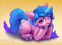 Size: 2677x1954 | Tagged: safe, artist:xbi, derpibooru import, izzy moonbow, pony, unicorn, abstract background, female, g5, happy, image, jpeg, looking at you, mare, open mouth, open smile, smiling, solo, supporting head, unshorn fetlocks