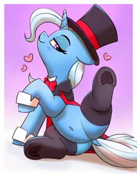Size: 1186x1494 | Tagged: suggestive, artist:pabbley, derpibooru import, trixie, pony, unicorn, adorasexy, belly, belly button, bowtie, clothes, cuffs (clothes), cute, diatrixes, dock, female, frog (hoof), hat, heart, image, jpeg, lidded eyes, looking at you, magician outfit, presenting, raised leg, sexy, smiling, socks, solo, solo female, stockings, tail, thigh highs, top hat, underhoof