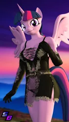 Size: 2160x3840 | Tagged: source needed, safe, artist:shadowboltsfm, twilight sparkle, twilight sparkle (alicorn), alicorn, anthro, 3d, clothes, downloadable, dress, dusk, evening gloves, female, gloves, horn, image, logo, long gloves, looking at you, multicolored mane, multicolored tail, nexgen, outdoors, png, purple eyes, purple skin, smiling, smiling at you, solo, source filmmaker, spread wings, standing, watermark, wings