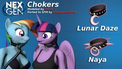 Size: 1920x1080 | Tagged: source needed, safe, artist:jdash, artist:shadowboltsfm, rainbow dash, twilight sparkle, twilight sparkle (alicorn), alicorn, anthro, pegasus, 3d, black lipstick, blue background, blue skin, blurry, blushing, bra, clothes, collar, downloadable, duo, duo female, female, folded wings, image, lipstick, logo, looking at each other, multicolored mane, nexgen, out of focus, pink eyes, png, purple eyes, purple skin, sheepish grin, simple background, smiling, smiling at each other, source filmmaker, tanktop, underwear, watermark, wings